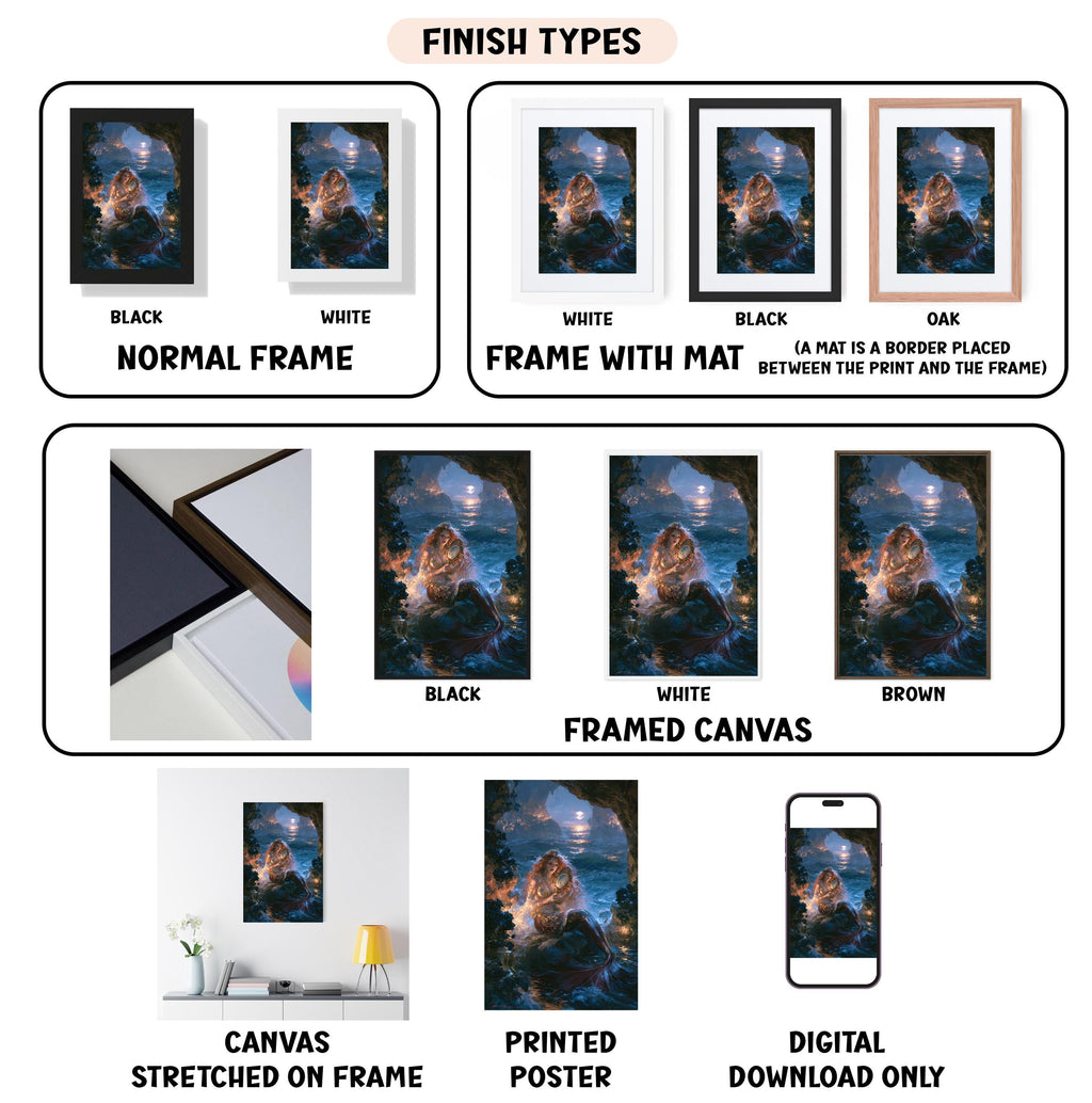 various types of artwork, including paintings, framed prints, and digital art, each with different finishes and mat placements.