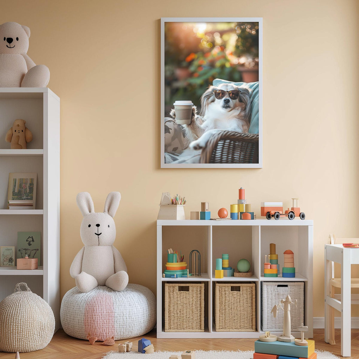 A cozy children's room with a stuffed rabbit, a toy train, and a framed photo of a dog wearing sunglasses. The room has a beige color scheme and appears to be well-organized with storage bins and toys.