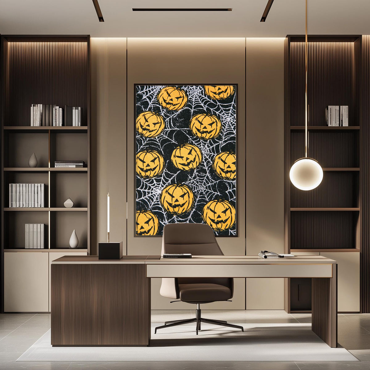 a modern office space with a large wall art piece depicting a Halloween theme with jack-o-lanterns and a spider web. The office has a wooden desk, a chair, and a bookshelf with various books and decorative items.