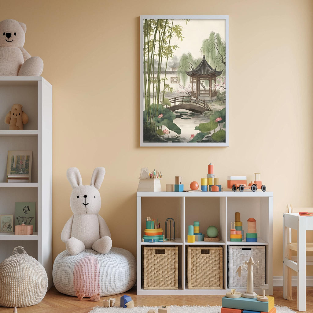 A child's bedroom with a large stuffed bunny, a bookshelf, and a toy storage unit. The walls are painted a light peach color, and there is a framed picture of a bamboo forest and a pagoda hanging on the wall.
