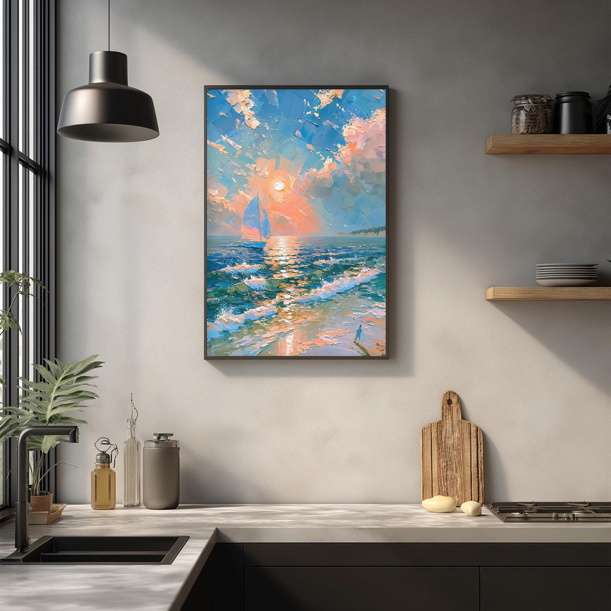 a kitchen counter with a framed painting of a sailboat on the ocean, a wooden cutting board, and various kitchen items such as a bottle, a vase, and a bowl.