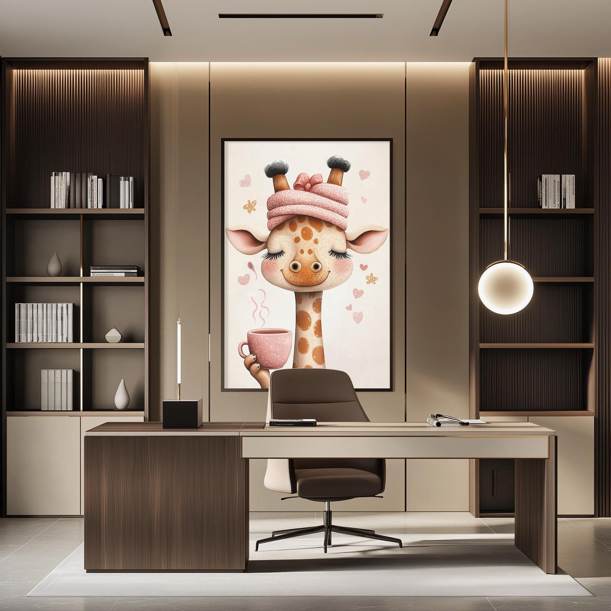 a modern office space with a large framed picture of a giraffe holding a cup of coffee on the wall. The office has a wooden desk, a chair, and a bookshelf filled with books.