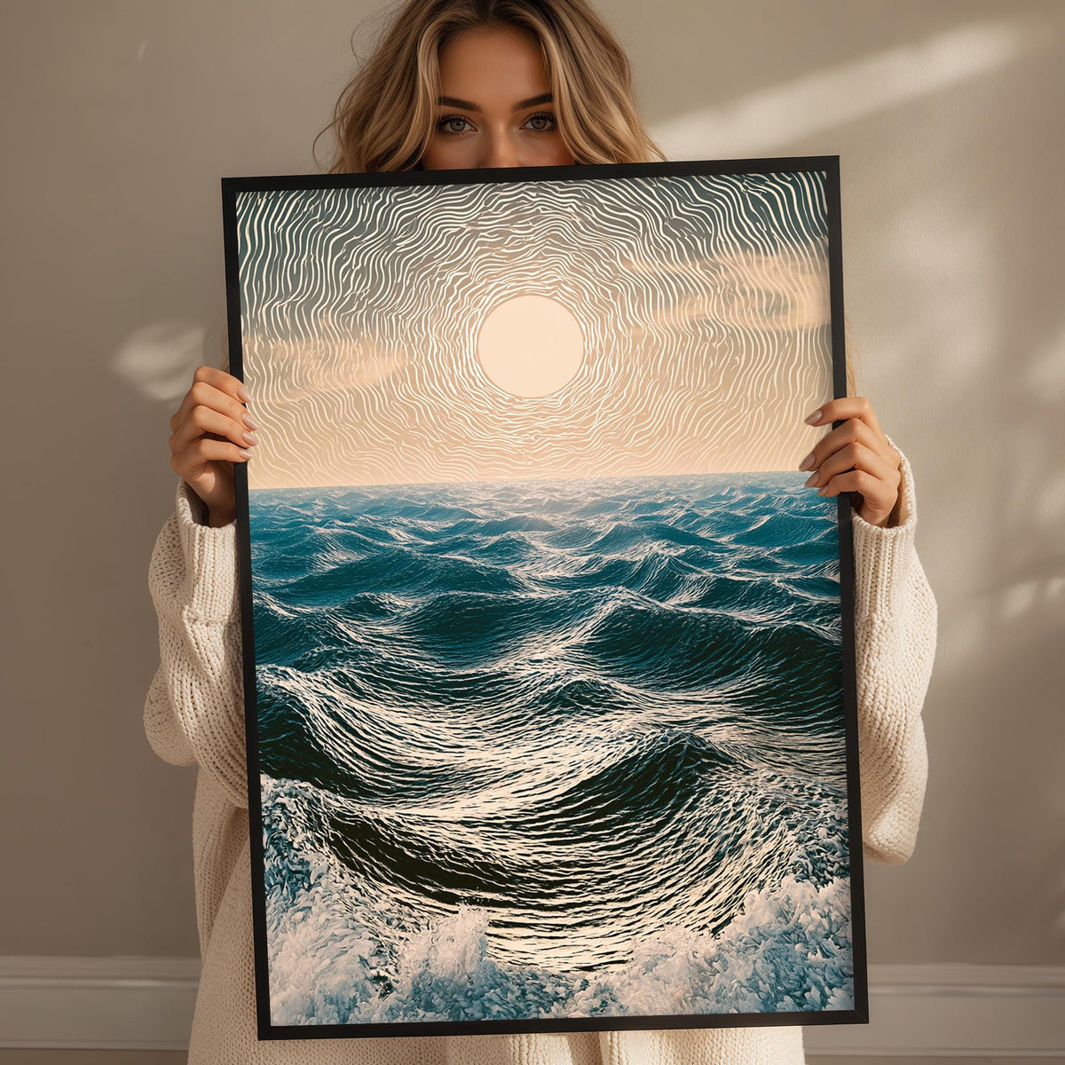 A woman holds up a framed print of a seascape with a sun-like design on the ocean waves.