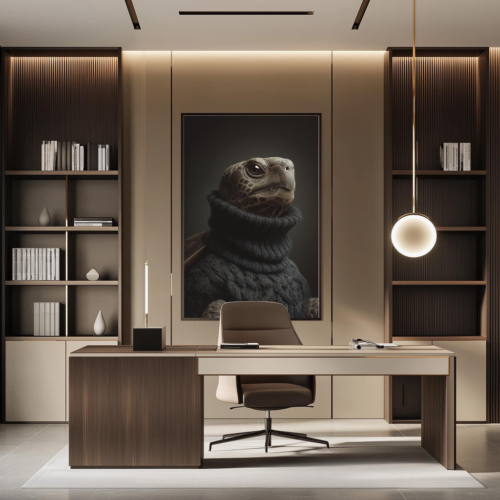 a modern and minimalist office space with a large framed portrait of a turtle on the wall. The office has a wooden desk, a comfortable-looking chair, and a pendant light above the desk. The overall design and decor create a calm and professional atmosphere.