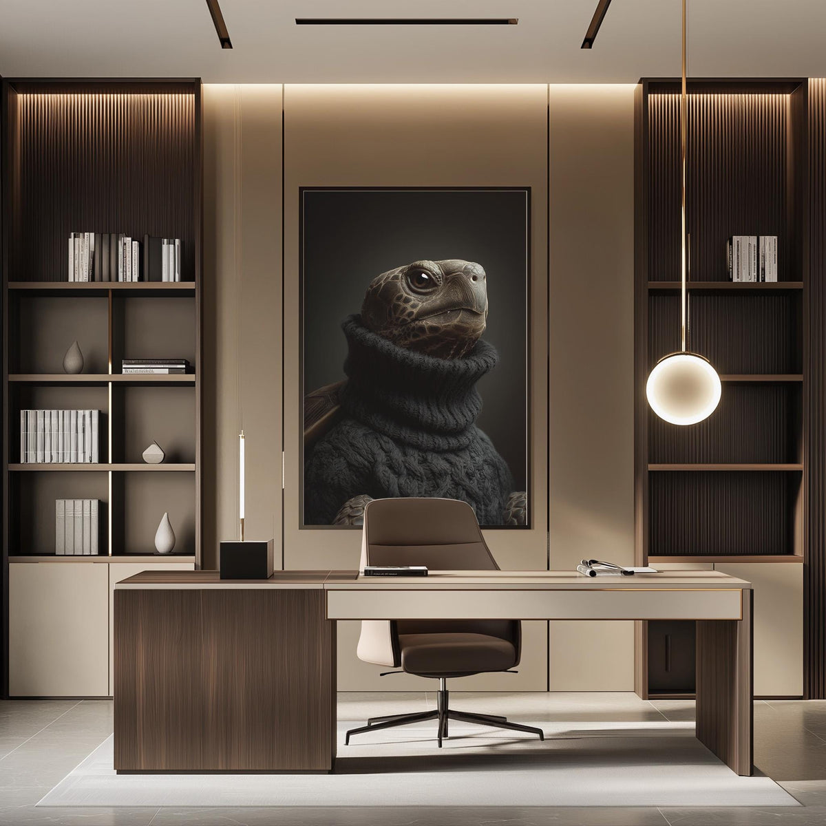 a modern and minimalist office space with a large framed portrait of a turtle on the wall. The office has a wooden desk, a comfortable-looking chair, and a pendant light above the desk. The overall design and decor create a calm and professional atmosphere.
