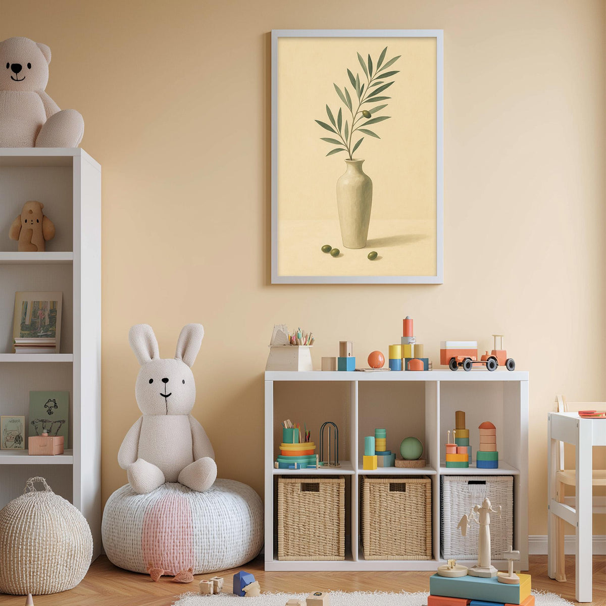 A cozy and well-organized children's playroom with a variety of toys and storage solutions. The room features a white bookshelf, a plush rabbit, a colorful toy train, and a framed picture of a plant on the wall. The overall color scheme is warm and inviting, creating a comfortable and engaging environment for children to play and explore.