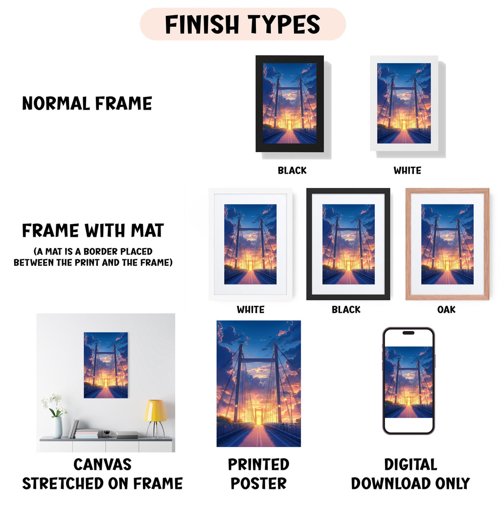 various types of artwork, including a normal frame, a frame with a mat, a white frame, a black frame, an oak frame, a white canvas stretched on a frame, a printed poster, and a digital download only.