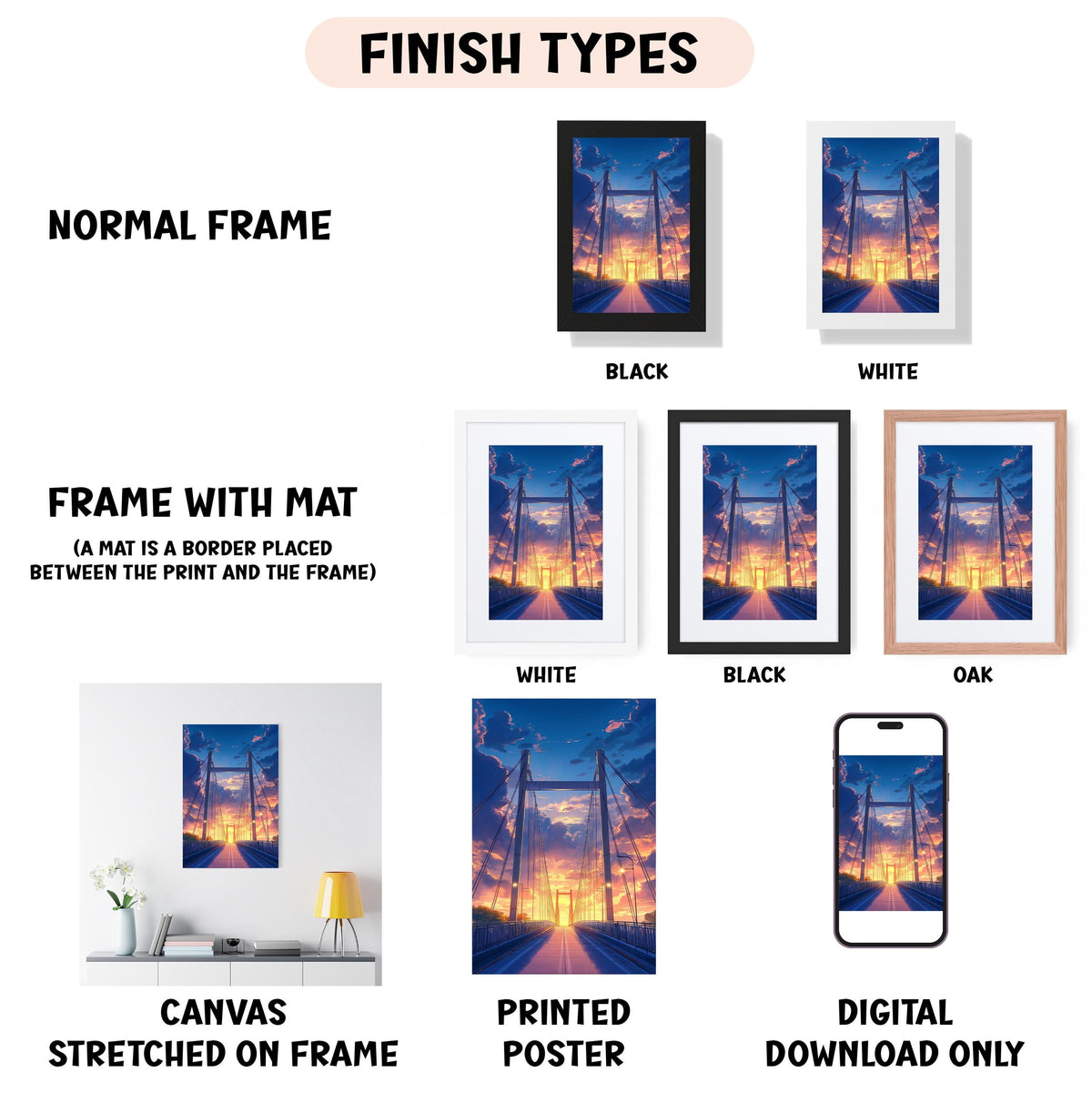 various types of artwork, including a normal frame, a frame with a mat, a white frame, a black frame, an oak frame, a white canvas stretched on a frame, a printed poster, and a digital download only.