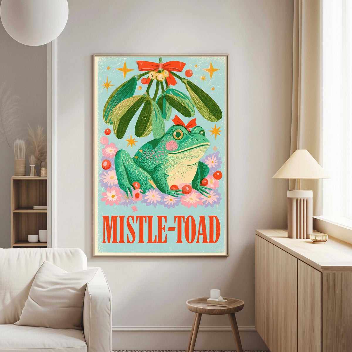 a poster of a green frog sitting under a mistletoe plant, with the text "MISTLE-TOAD" written below the frog.