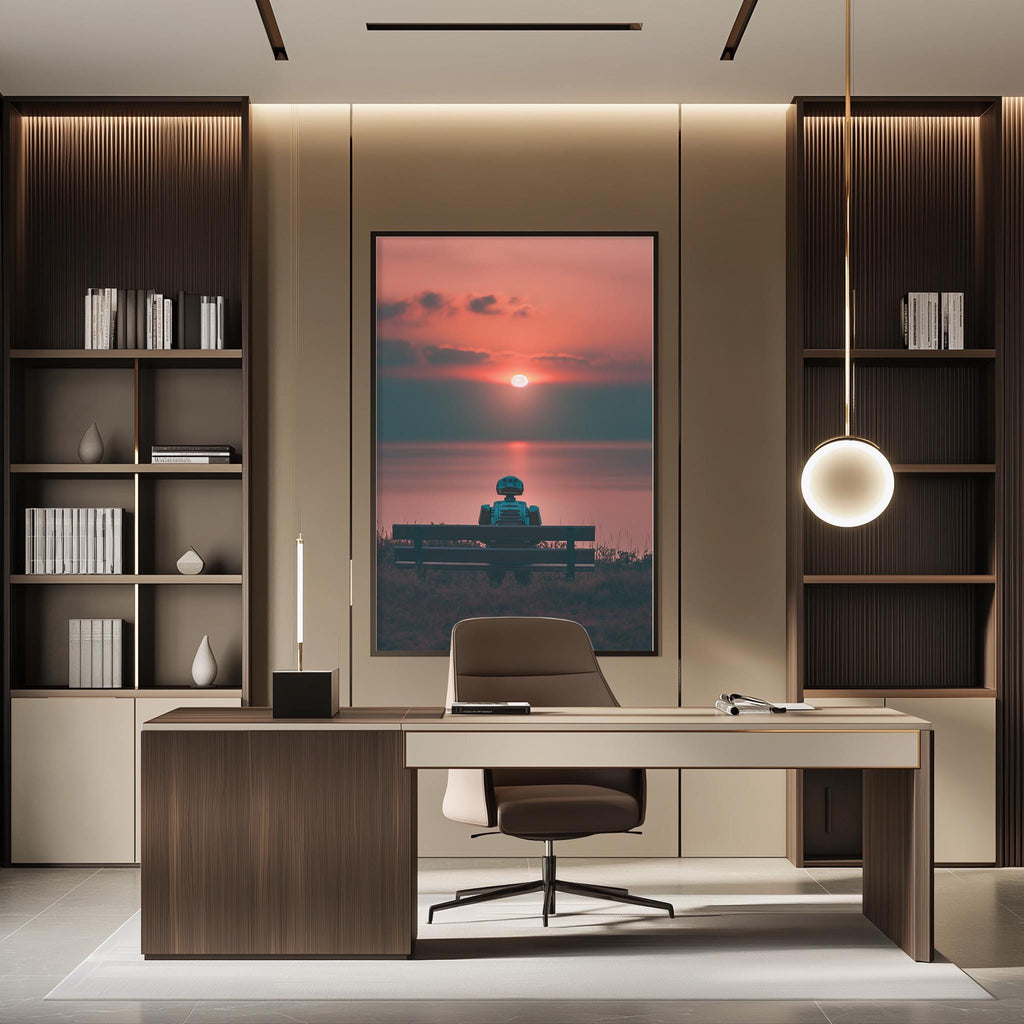 a modern office space with a large window that offers a view of a sunset. The office features a desk, chair, and bookshelves, creating a professional and comfortable work environment.