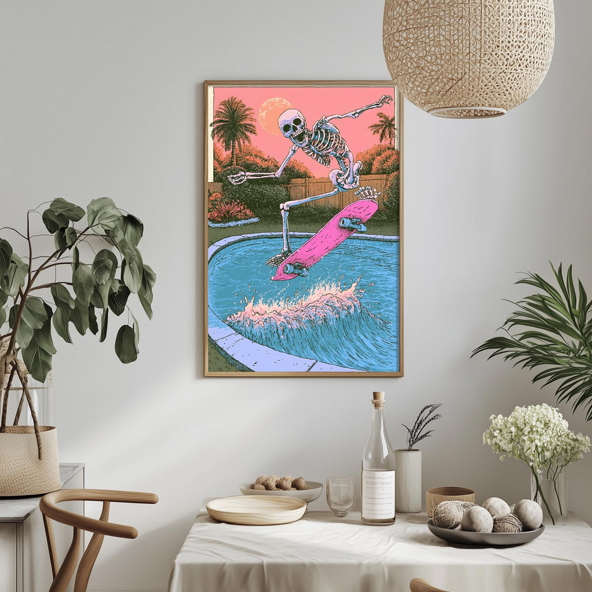 a skeleton riding a skateboard in a pool, surrounded by tropical plants and a hanging light fixture.