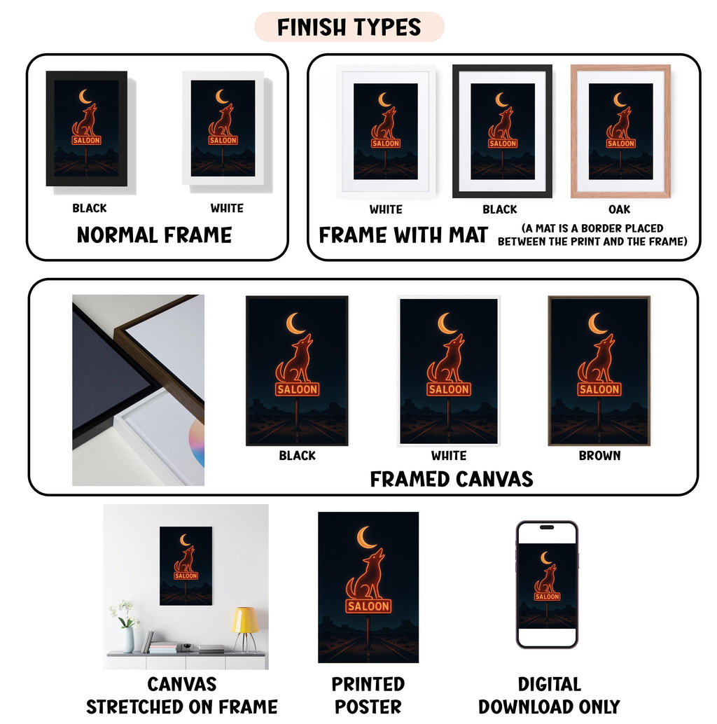 various finish types for a framed artwork, including a normal frame, a frame with a mat, a black frame, a white frame, a black frame, an oak frame, a white frame, a black frame, a white framed canvas, and a digital download only. The artwork features a saloon sign with a wolf, and the image is described in terms of its frame, color, and finish type.
