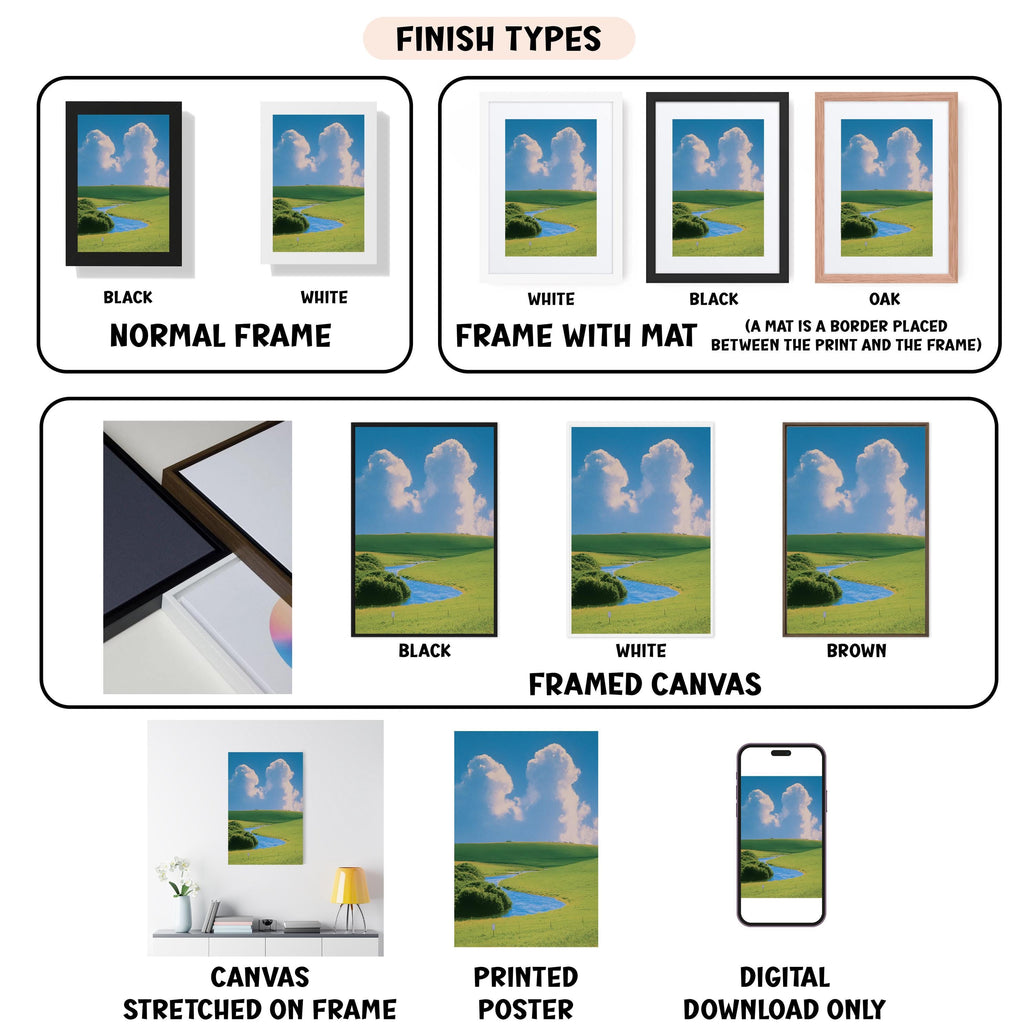various types of framed artwork, including canvas stretched on a frame, framed canvas, and printed poster, each with different finishes and mat colors.