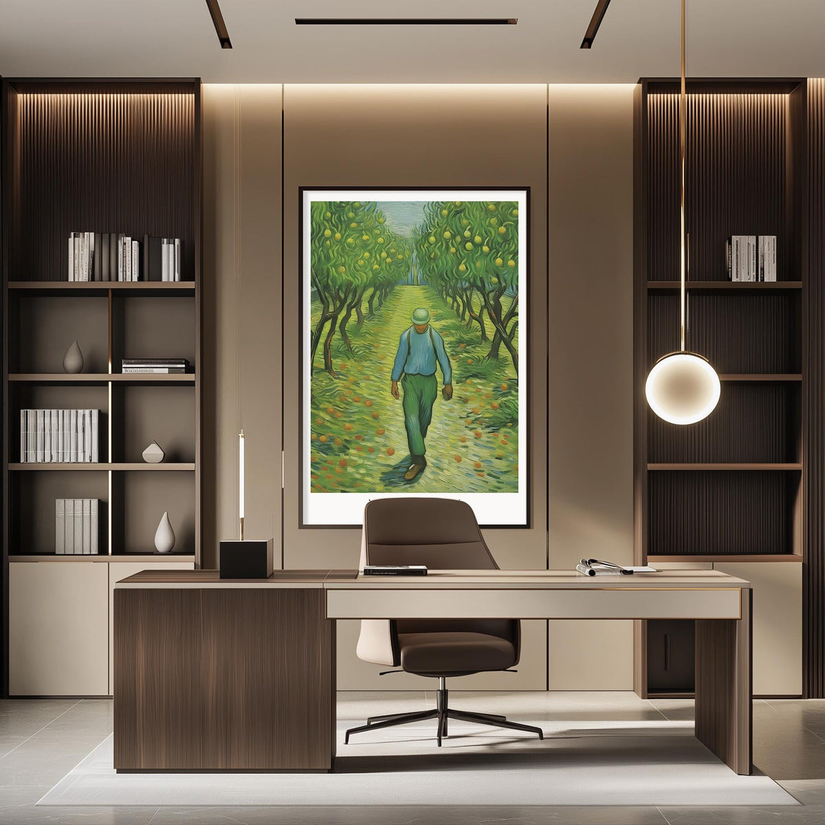 a modern office space with a large painting of a man walking through a garden on the wall. The office features a wooden desk, a comfortable chair, and a bookshelf filled with books. The overall design and decor create a serene and inviting atmosphere.