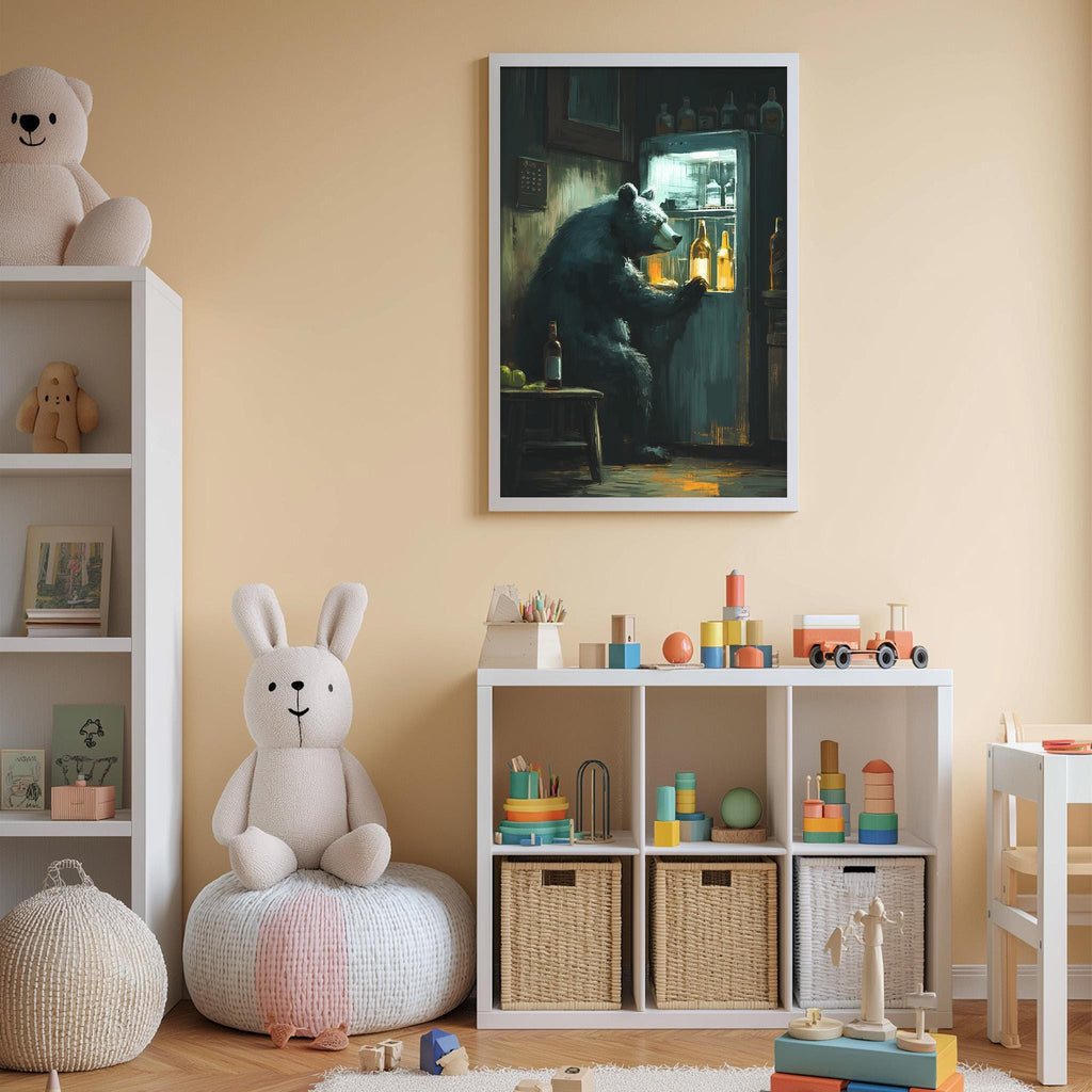 a cozy and colorful children's bedroom with a large stuffed animal rabbit, a bookshelf filled with toys, and a framed painting of a bear sitting in a doorway.