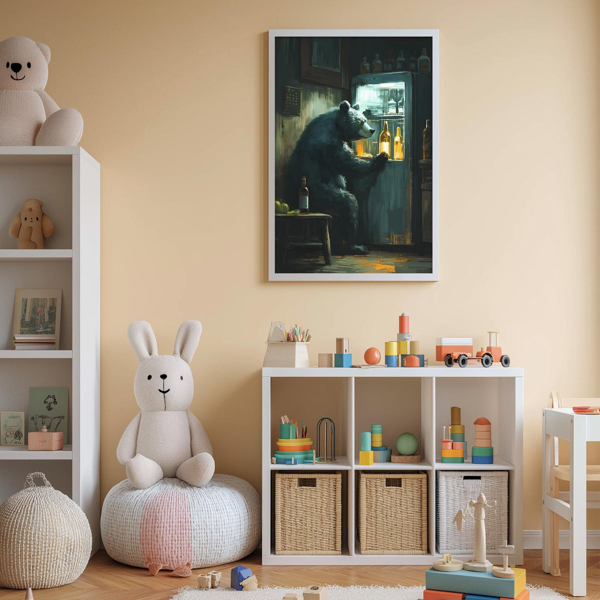 a cozy and colorful children's bedroom with a large stuffed animal rabbit, a bookshelf filled with toys, and a framed painting of a bear sitting in a doorway.