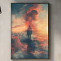 a kitchen counter with various items on it, including a cutting board, a bottle, and a vase. Above the counter, there is a framed painting depicting a person standing in the clouds, with a guitar in the background.