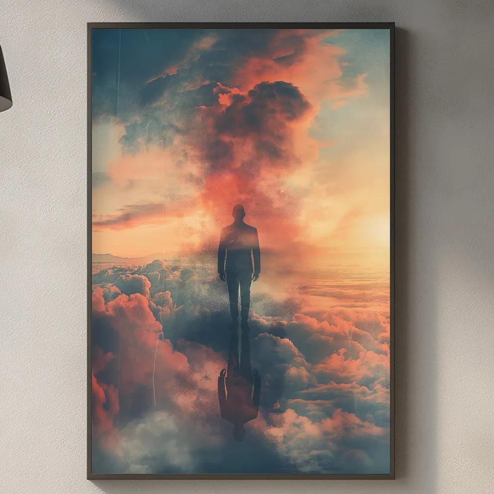a kitchen counter with various items on it, including a cutting board, a bottle, and a vase. Above the counter, there is a framed painting depicting a person standing in the clouds, with a guitar in the background.