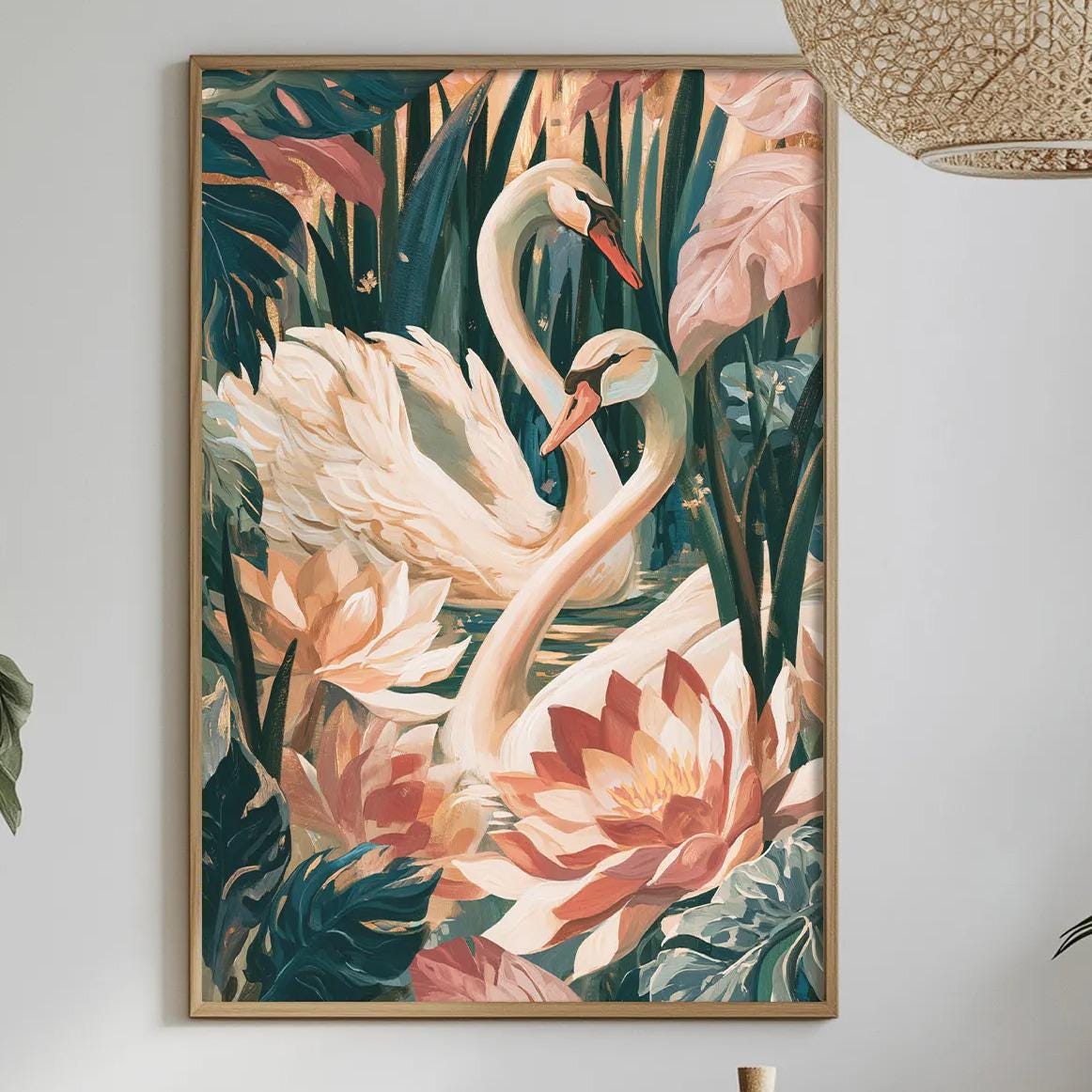a dining table with a white tablecloth, a bowl of fruit, a bottle, and a vase with flowers. Above the table, there is a framed painting of two swans surrounded by tropical foliage.