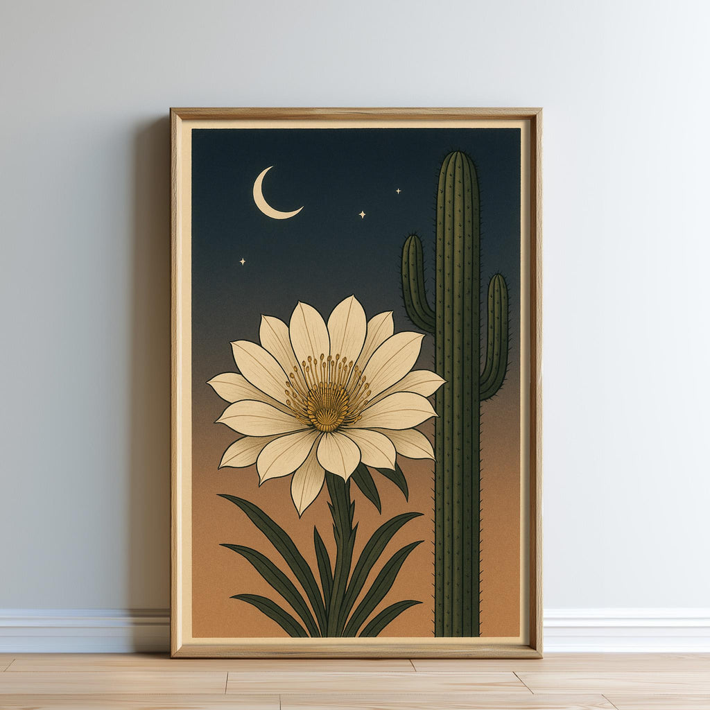 a framed illustration of a cactus plant with a large white flower blooming next to it, set against a night sky with a crescent moon and stars.