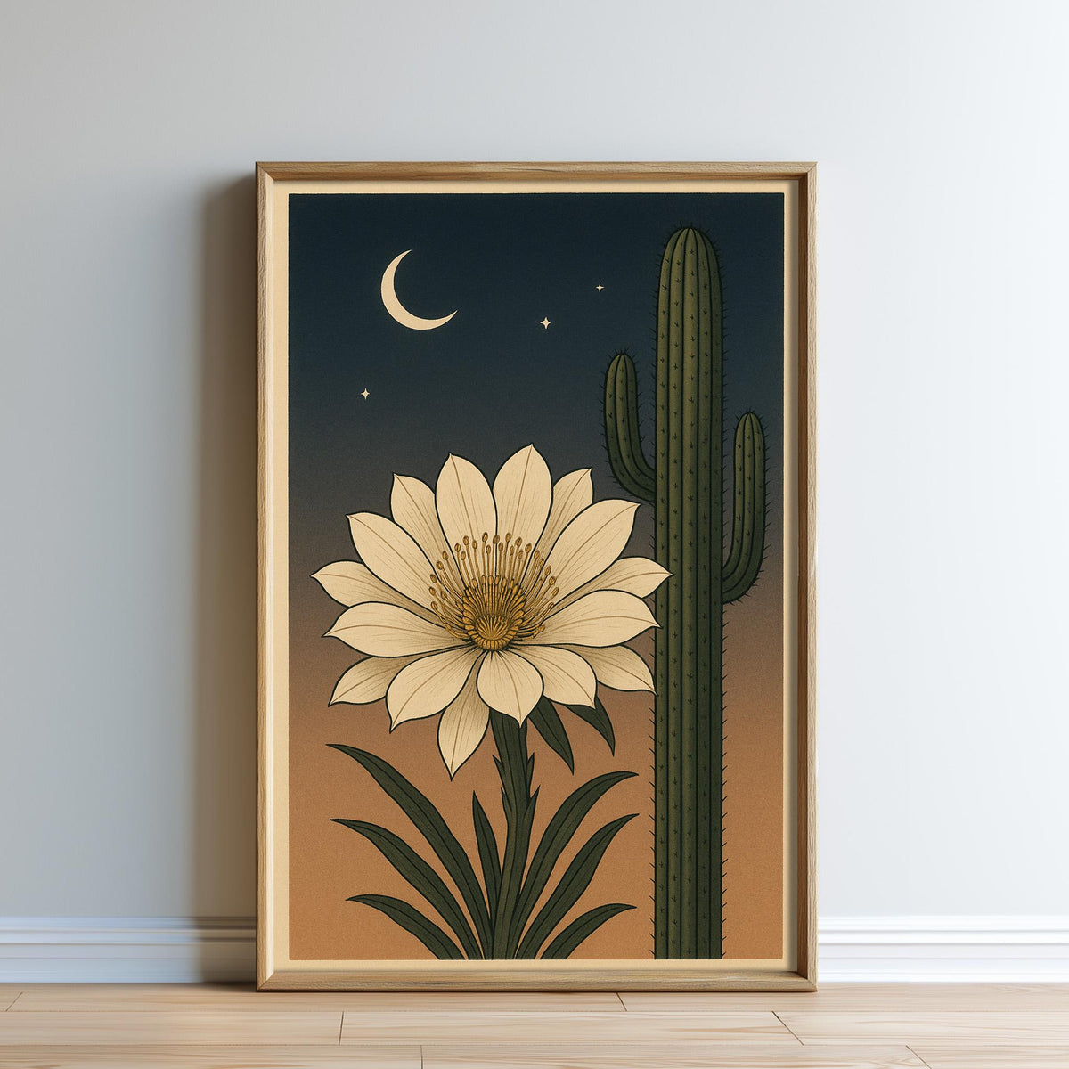 a framed illustration of a cactus plant with a large white flower blooming next to it, set against a night sky with a crescent moon and stars.