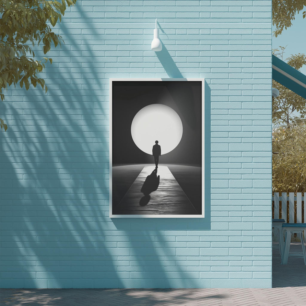 a black and white photograph of a person walking on a path towards a large, bright light, creating a dramatic and contemplative scene.