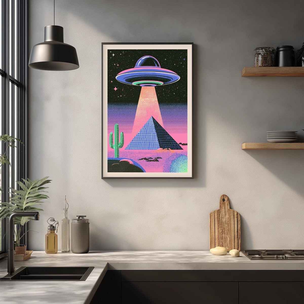 a framed poster of a colorful alien spaceship hovering over a desert landscape, with a pyramid-shaped structure in the background.
