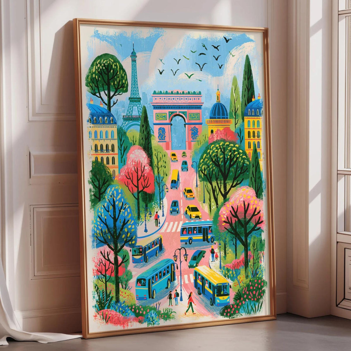 The image is a vibrant and colorful painting depicting a lively street scene in Paris, France. The painting features a variety of buildings, trees, and people, creating a lively and bustling atmosphere.