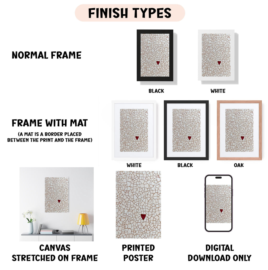 various finish types for framed artwork, including a normal frame, a frame with a mat, a white frame, a black frame, an oak frame, a white canvas stretched on a frame, a printed poster, and a digital download only.