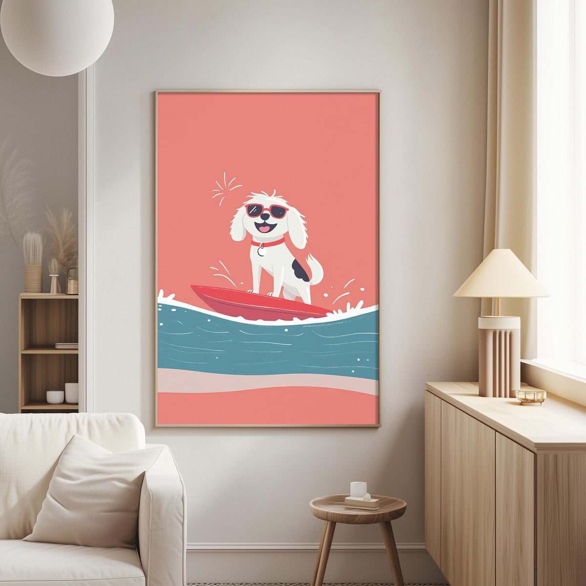 A living room with a white couch, a wooden side table, and a framed poster of a dog surfing on a red surfboard.