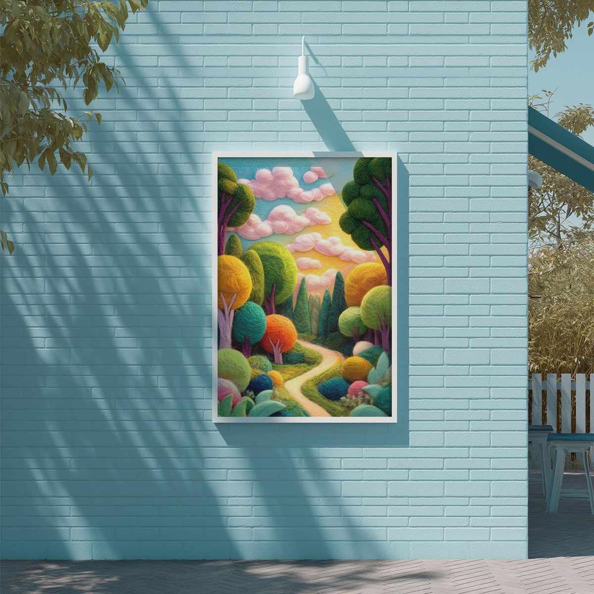 a vibrant, colorful painting of a lush, verdant landscape with a winding path, trees, and a sky filled with clouds. The painting is displayed on a blue wall, and there is a white light fixture hanging above it.
