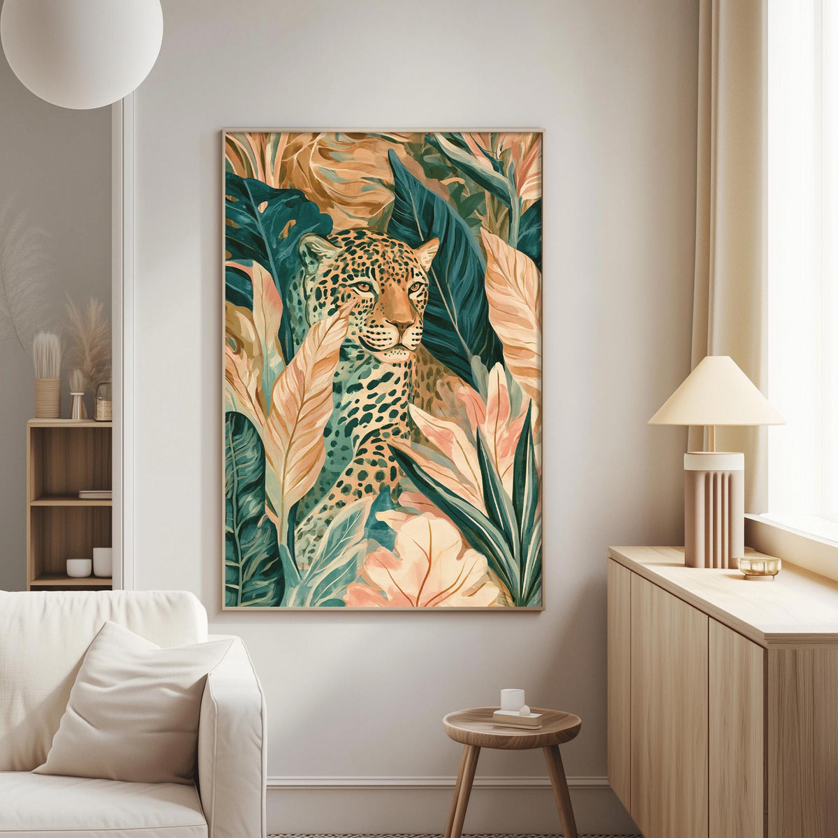 a large, vibrant painting of a leopard surrounded by lush tropical foliage, hanging on a wall in a living room setting.