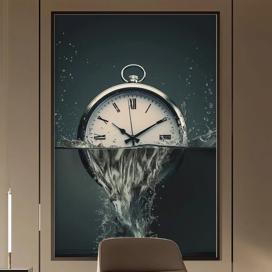 a modern and stylish office space with a large clock as the focal point. The desk is positioned in front of the clock, and there is a chair nearby. The office is well-lit, with a pendant light hanging above the desk and a bookshelf filled with books on the right side of the image. The overall design and layout of the space create a professional and comfortable atmosphere.