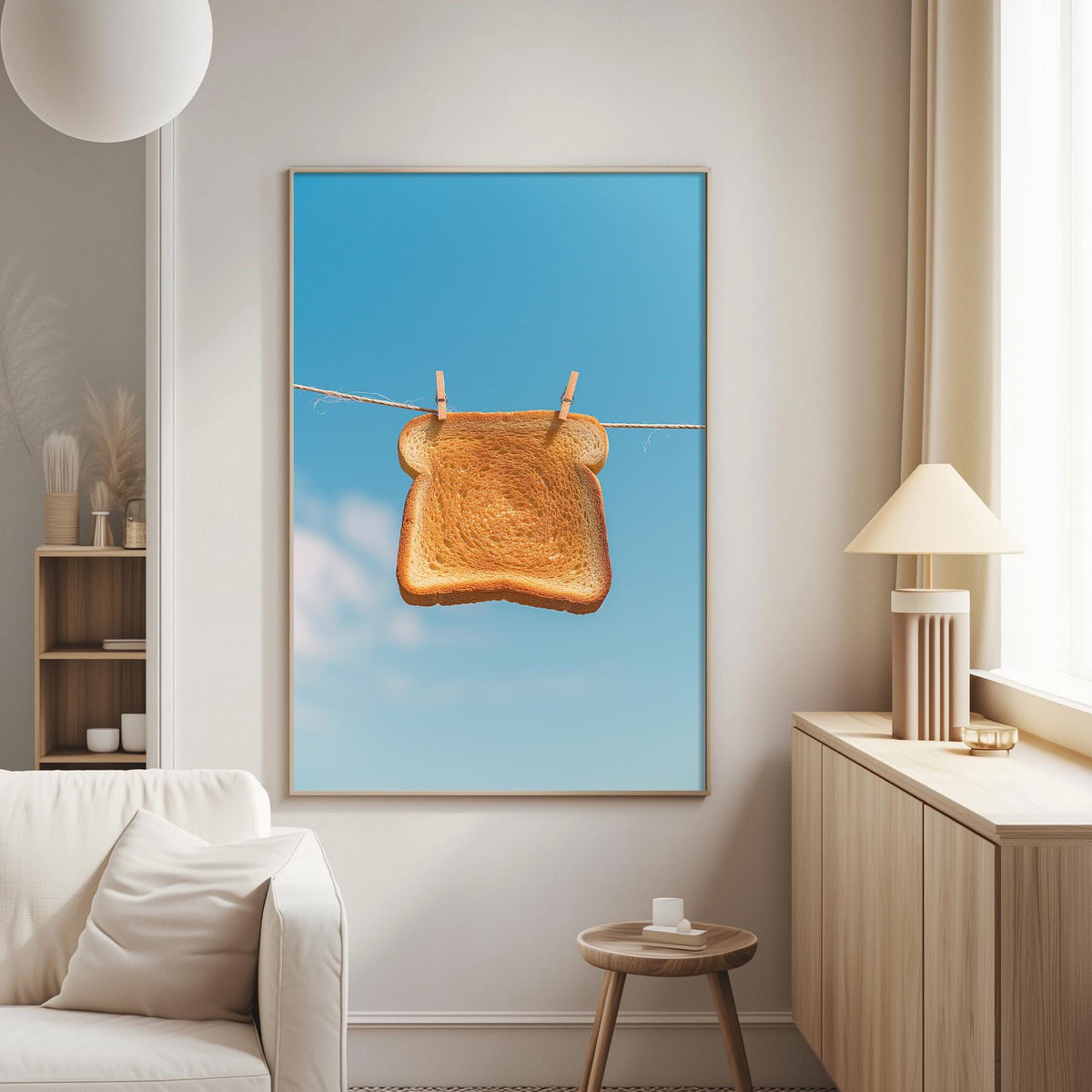 A framed image of a piece of bread hanging on a clothesline against a blue sky background.