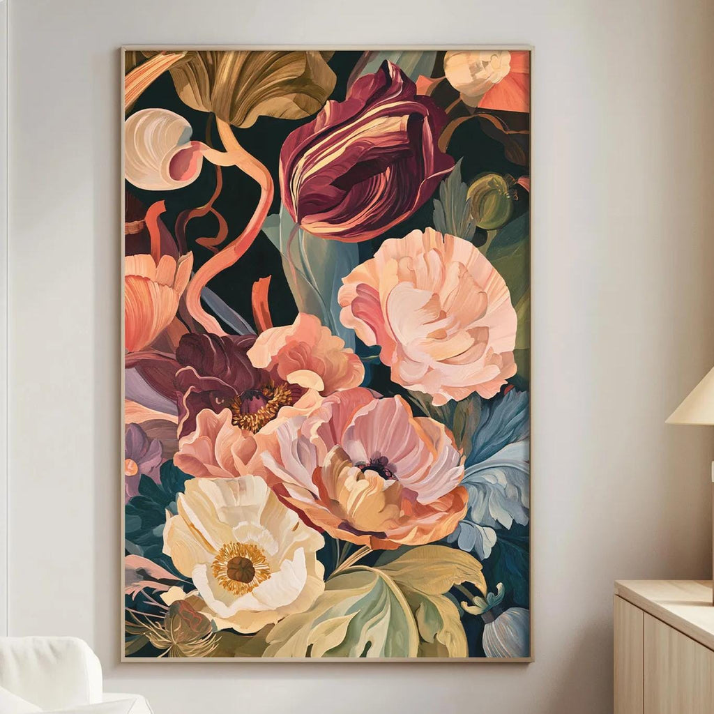 a large, colorful floral painting hanging on a wall in a living room.