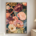 a large, colorful floral painting hanging on a wall in a living room.