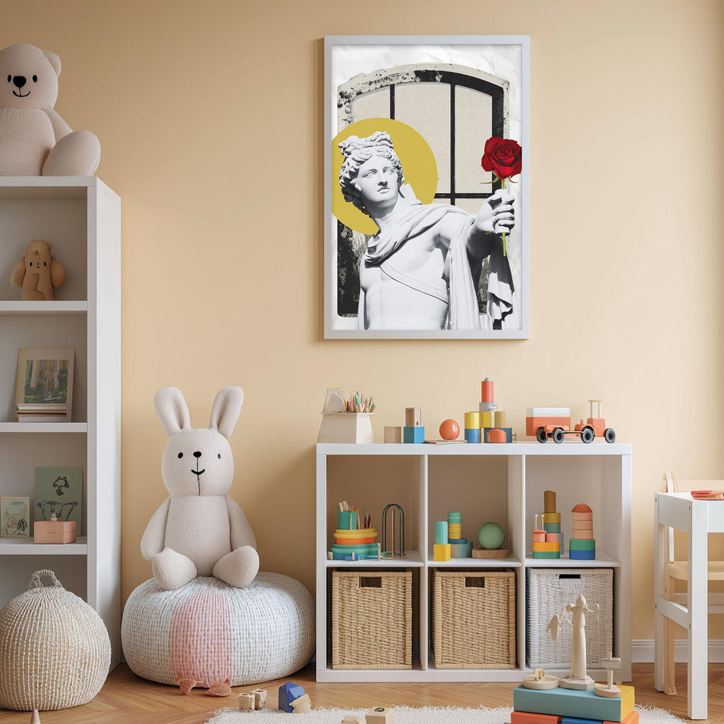 a child's bedroom with a white bookshelf, a stuffed rabbit, a toy train, and a framed artwork featuring a statue of a woman holding a rose.
