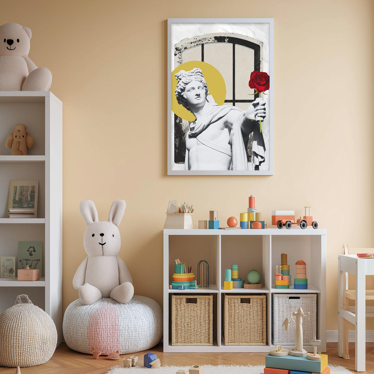 a child's bedroom with a white bookshelf, a stuffed rabbit, a toy train, and a framed artwork featuring a statue of a woman holding a rose.