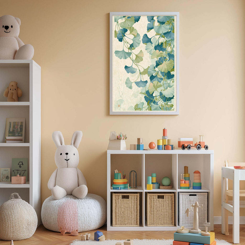 A cozy and colorful children's bedroom with a large stuffed rabbit, a bookshelf, and a toy chest filled with toys. The walls are painted a light peach color, and a framed print of a green plant with white flowers hangs above the bookshelf.