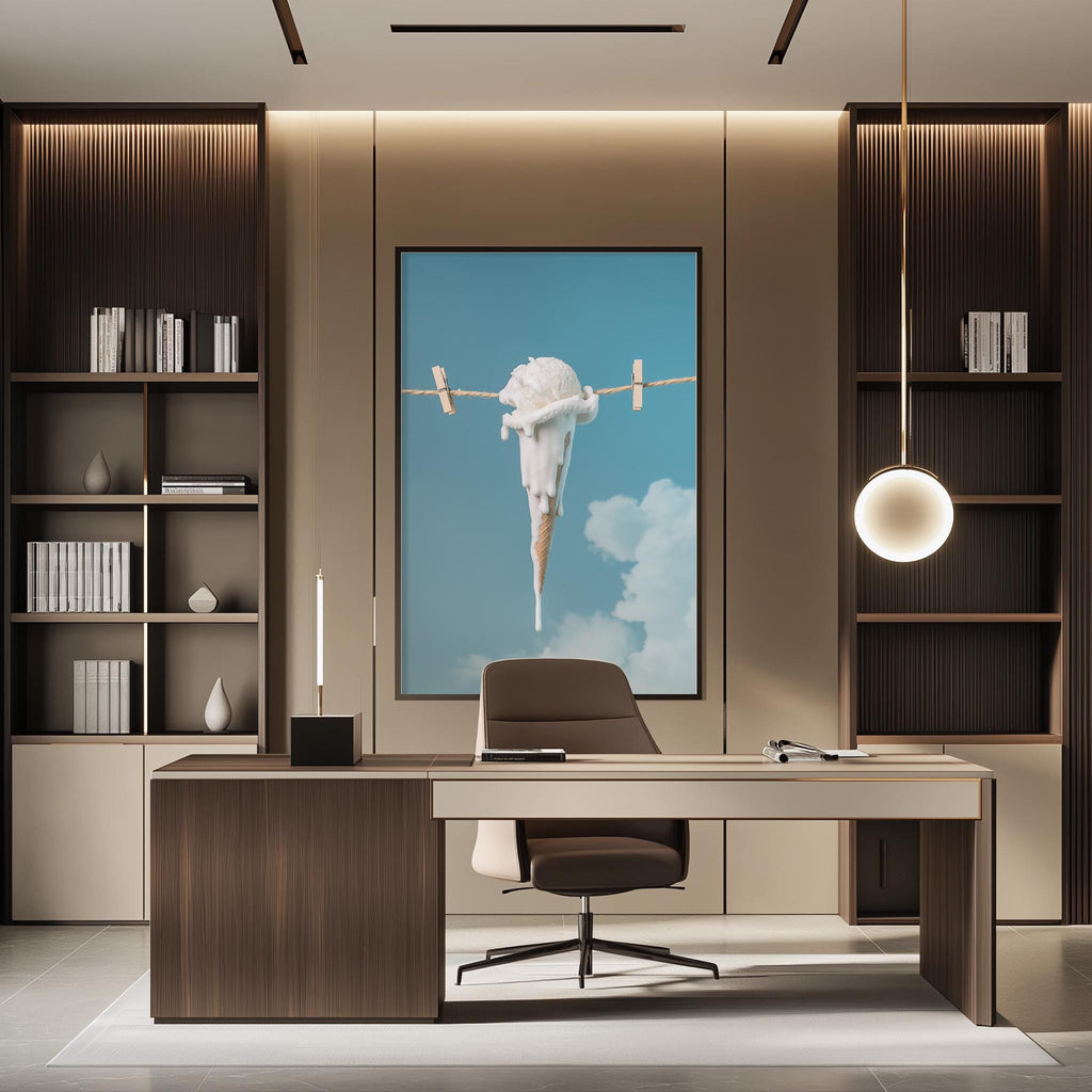 a modern and minimalist office space with a large framed artwork of an ice cream cone suspended in the air, surrounded by clouds, creating a whimsical and dreamlike atmosphere.