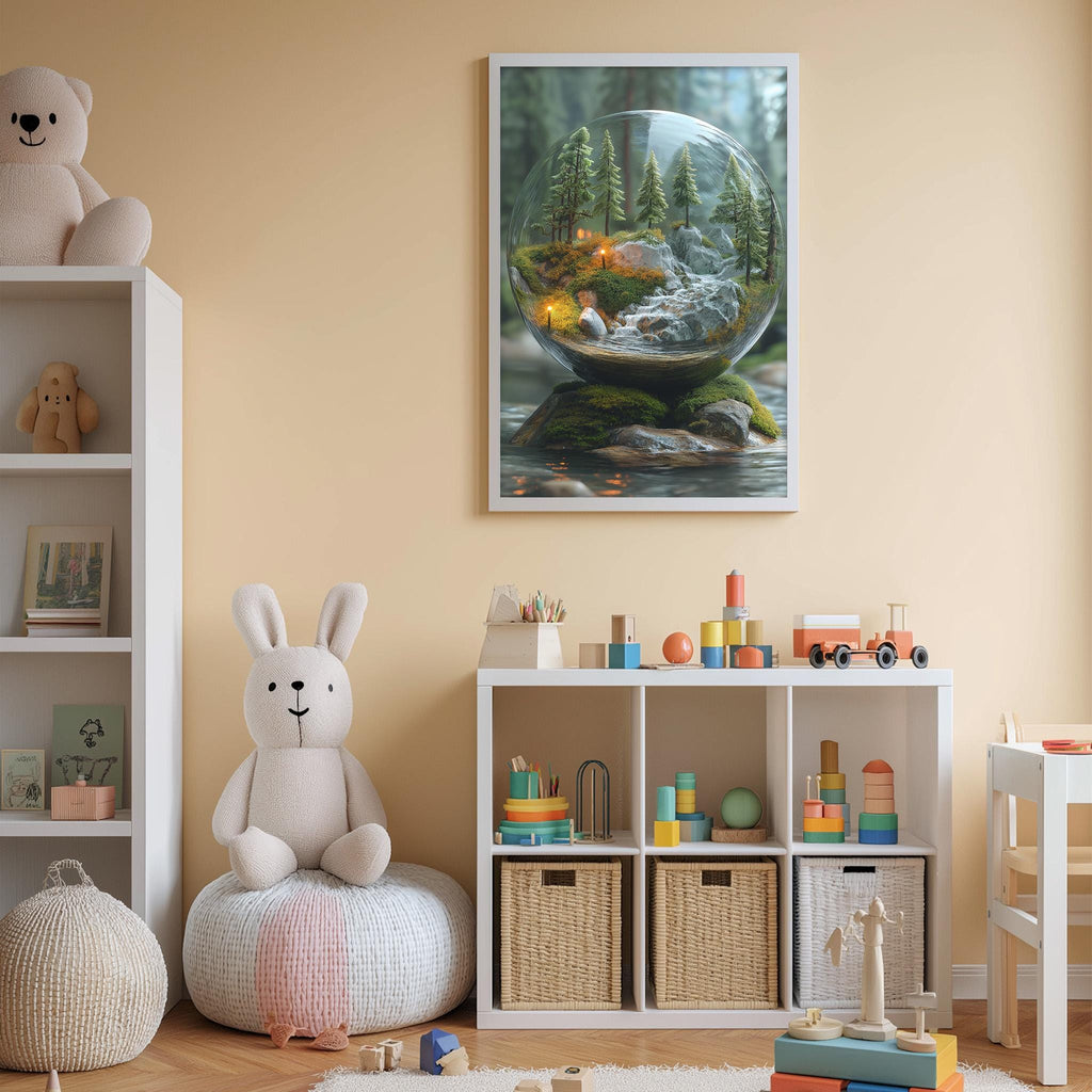 a cozy and colorful children's bedroom with a large framed picture of a forest scene on the wall. The room is filled with various toys, including a teddy bear, a rabbit, and a toy train, as well as storage bins and shelves.