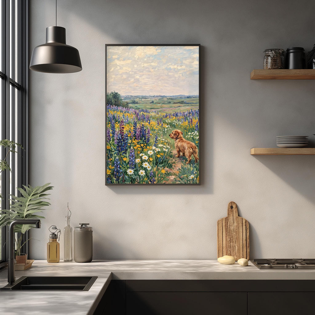 a framed painting of a dog standing in a field of flowers, with a wooden cutting board and other kitchen items visible below the painting on a kitchen counter.