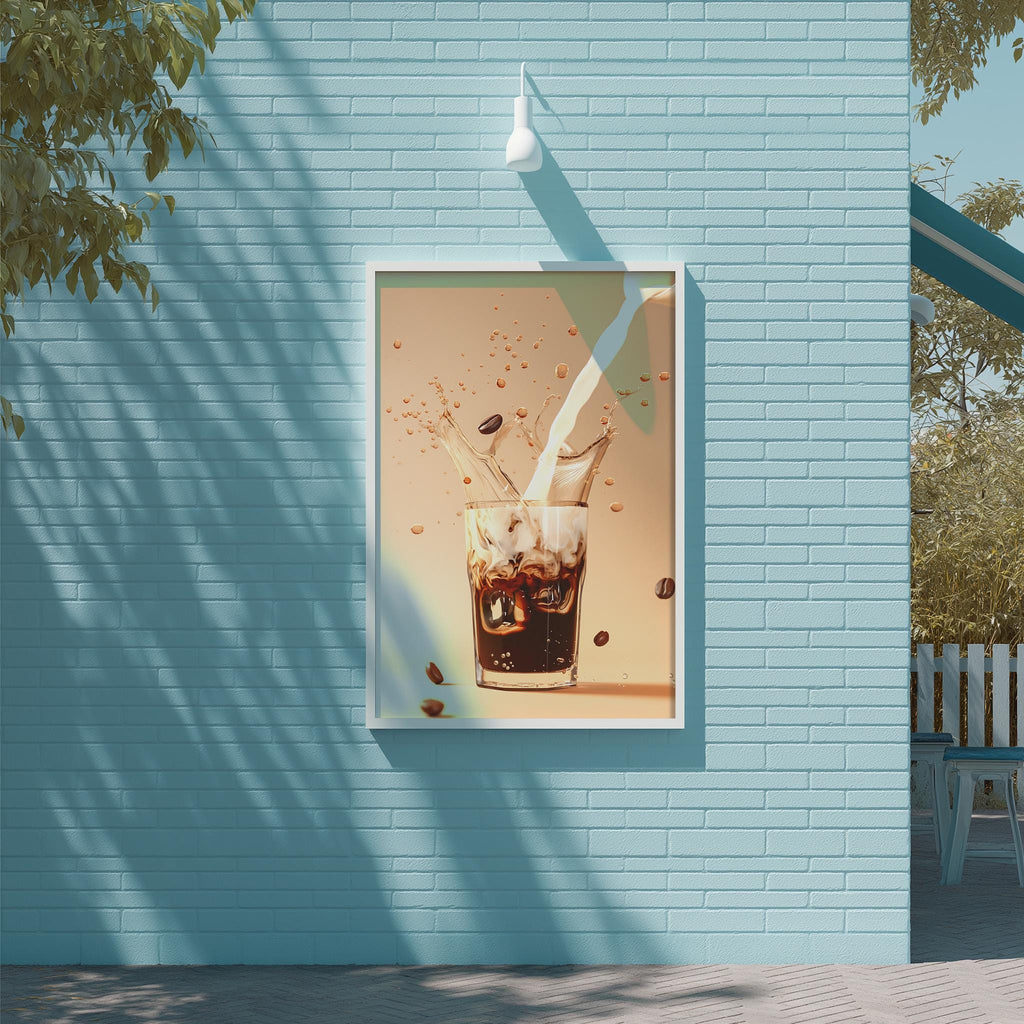 a framed poster of a glass of soda with ice and coffee beans, hanging on a blue brick wall.