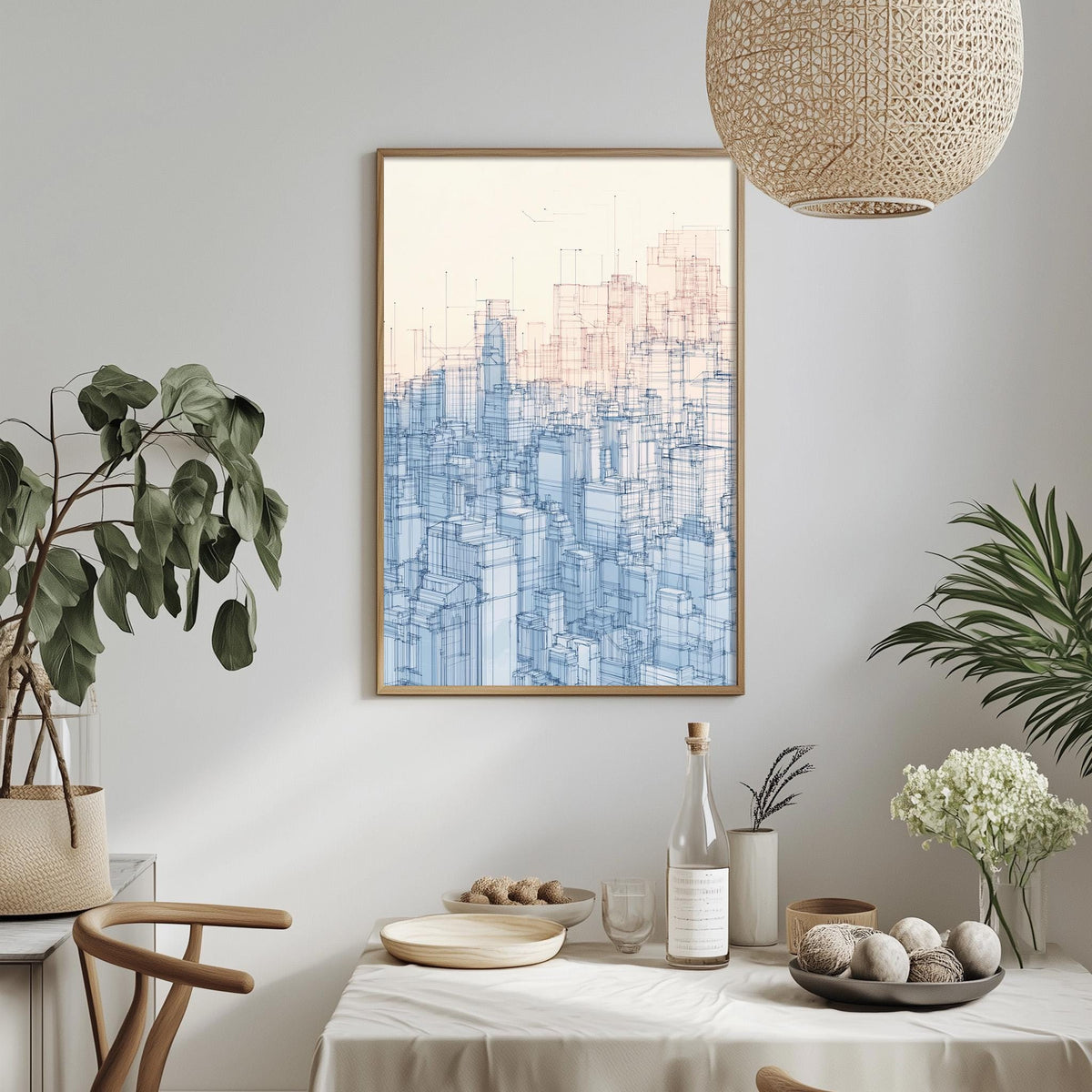 a dining room with a framed artwork of a city skyline hanging on the wall above a table set with various items.