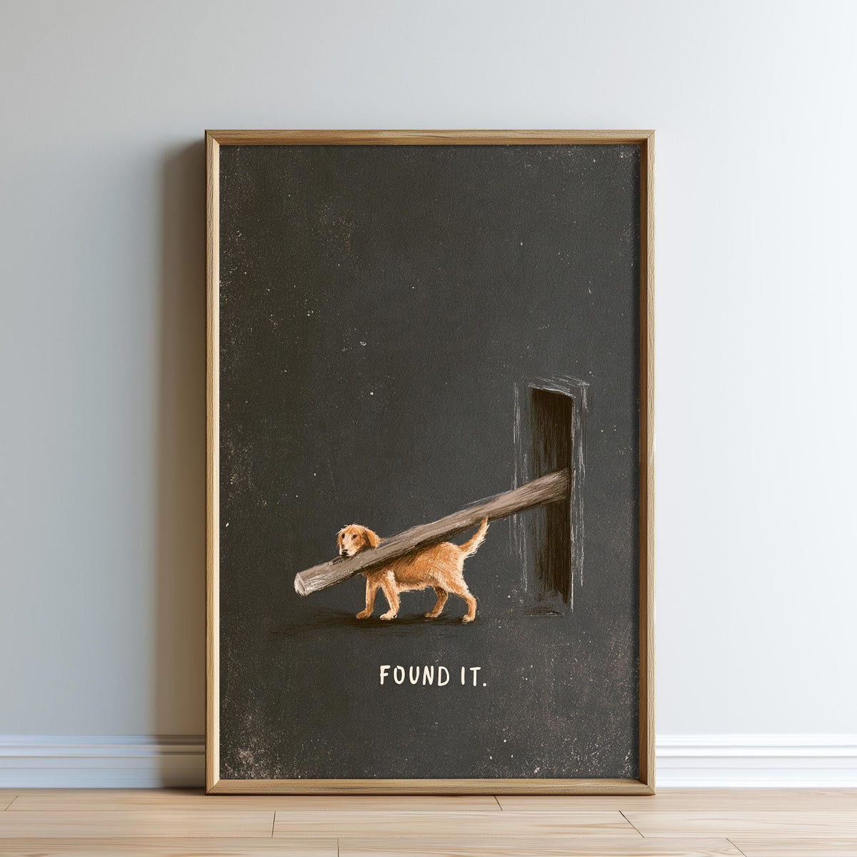 a dog carrying a large wooden log on its back, with the text "FOUND IT."