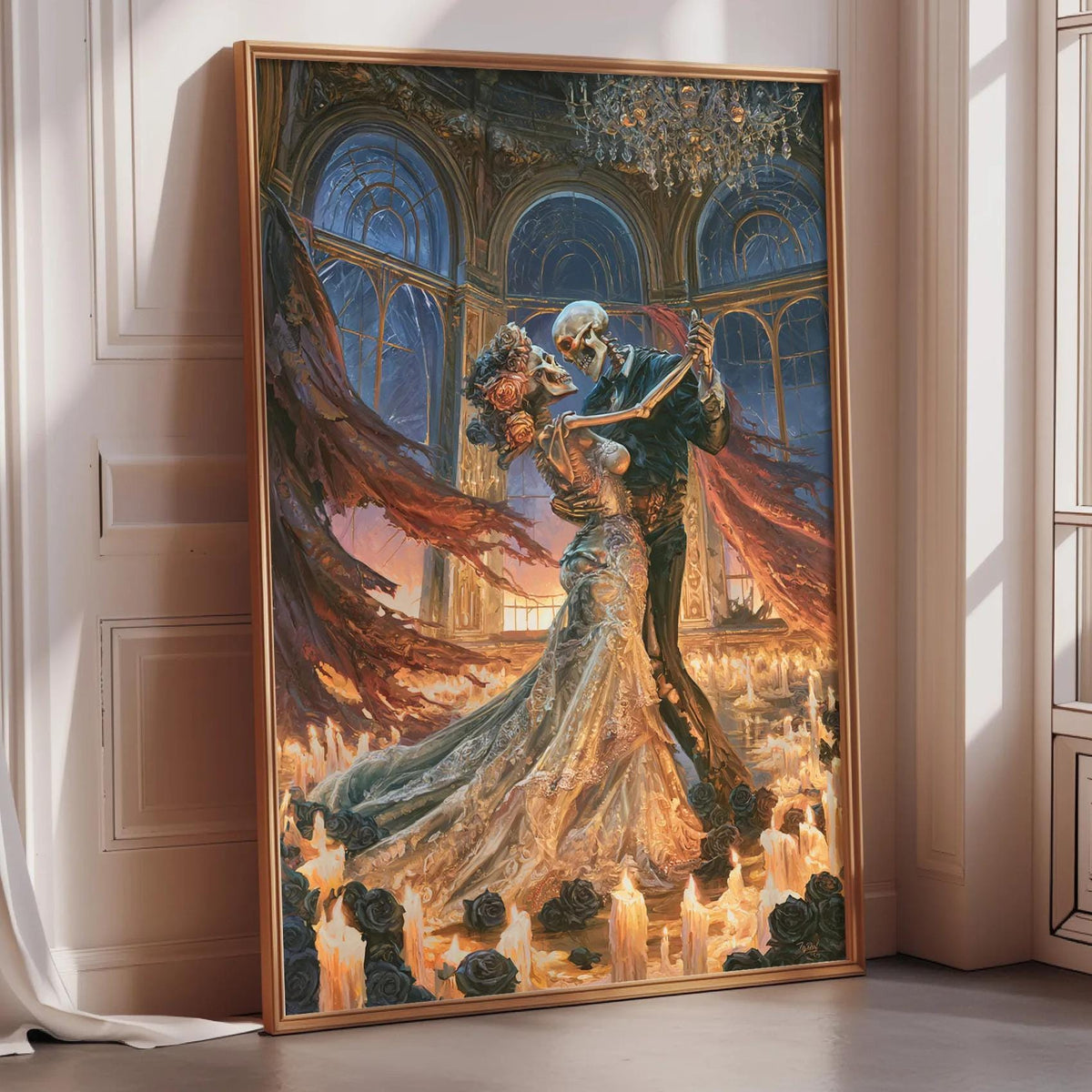 The image is a framed painting depicting a couple dancing in an ornate, gilded room with a chandelier.