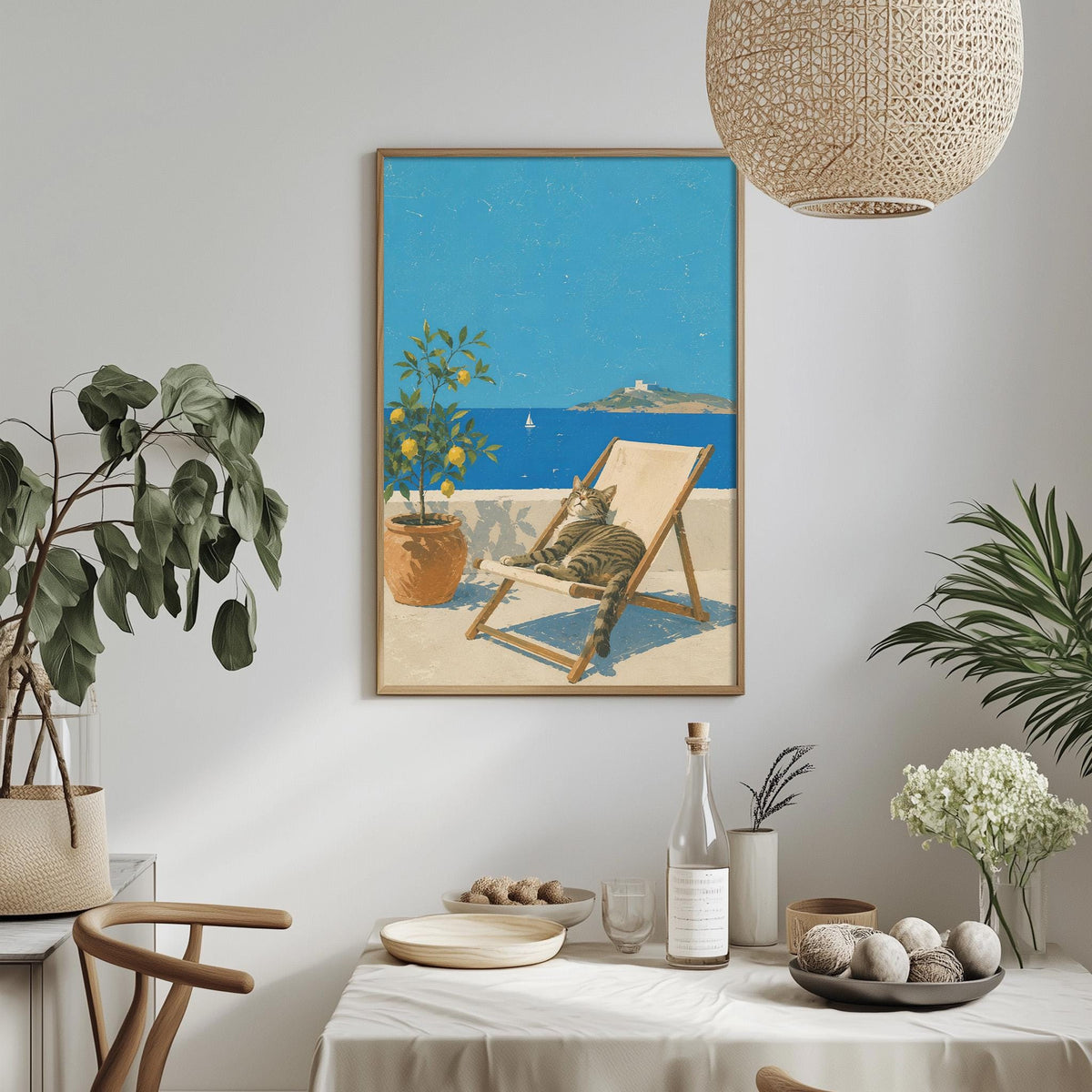 a serene indoor setting with a framed painting of a cat lounging on a beach chair, surrounded by potted plants and a vase of flowers, creating a relaxing and tranquil atmosphere.