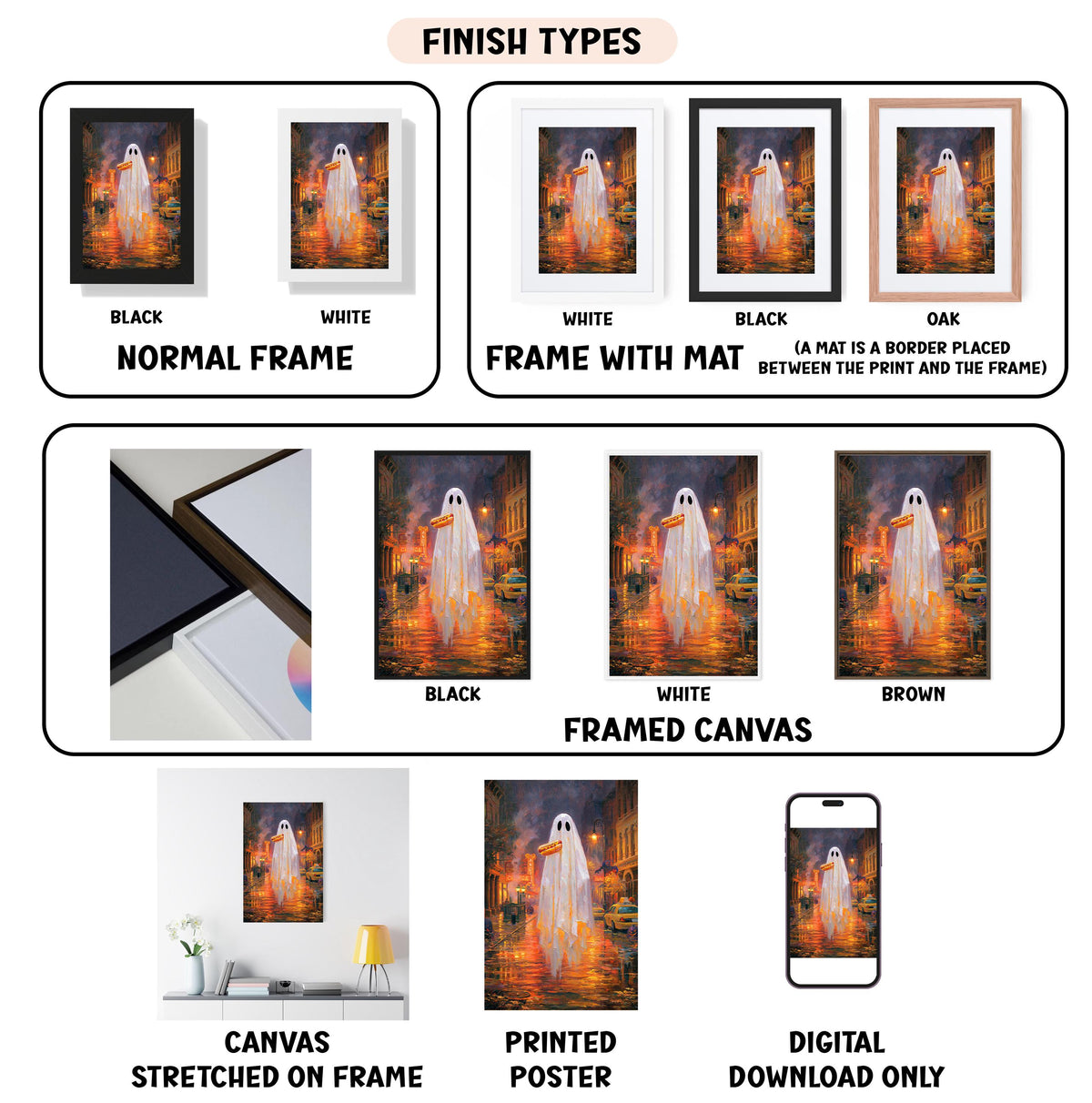 various images of a ghost in different frames and types, including a canvas, a stretched canvas, a framed canvas, a poster, and a digital download.