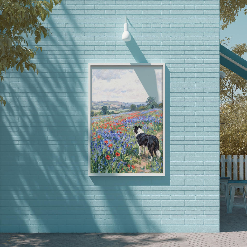 A framed painting of a dog standing in a field of flowers is displayed on a blue brick wall.