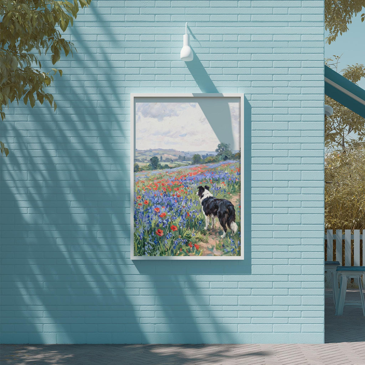 A framed painting of a dog standing in a field of flowers is displayed on a blue brick wall.